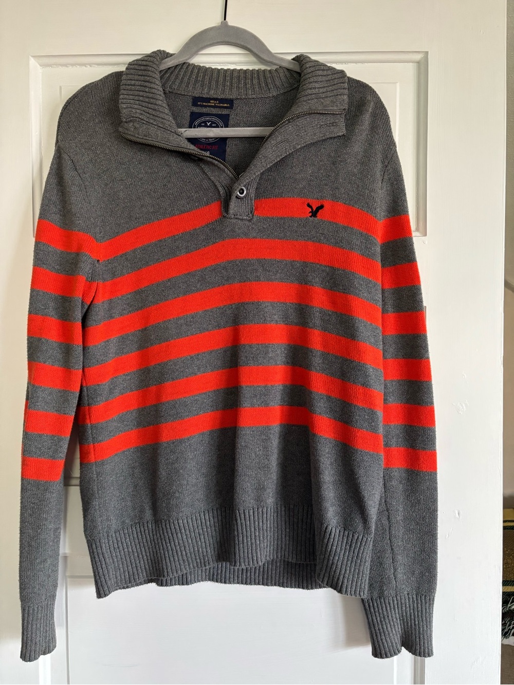 American Eagle Outfitters Gray and Orange Striped Shawl-Collar Zip Sweater